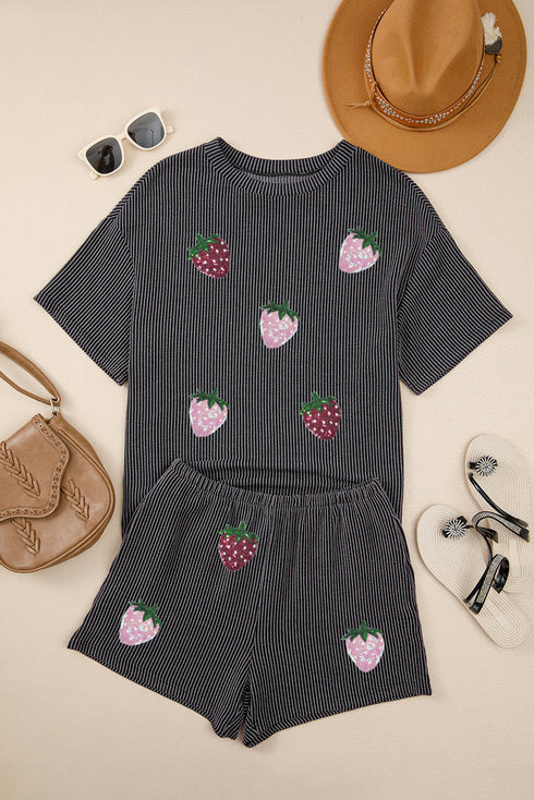 Sweet Sparkle Sequin Strawberry Patch Twist Front Ribbed Knit Shorts Outfit